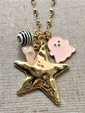New Halloween Pink Ghost & Rose Quartz Goldtone Charm Necklace 18” + 2” Extender
